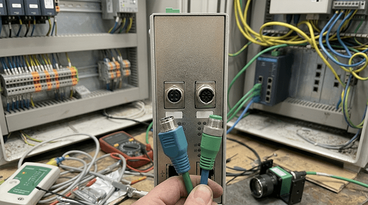 A close-up of a D-coded female port next to an X-coded female port on an industrial switch