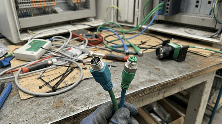 An M12 X-code male connector and an M12 D-code male connector shown side-by-side to highlight pin differences