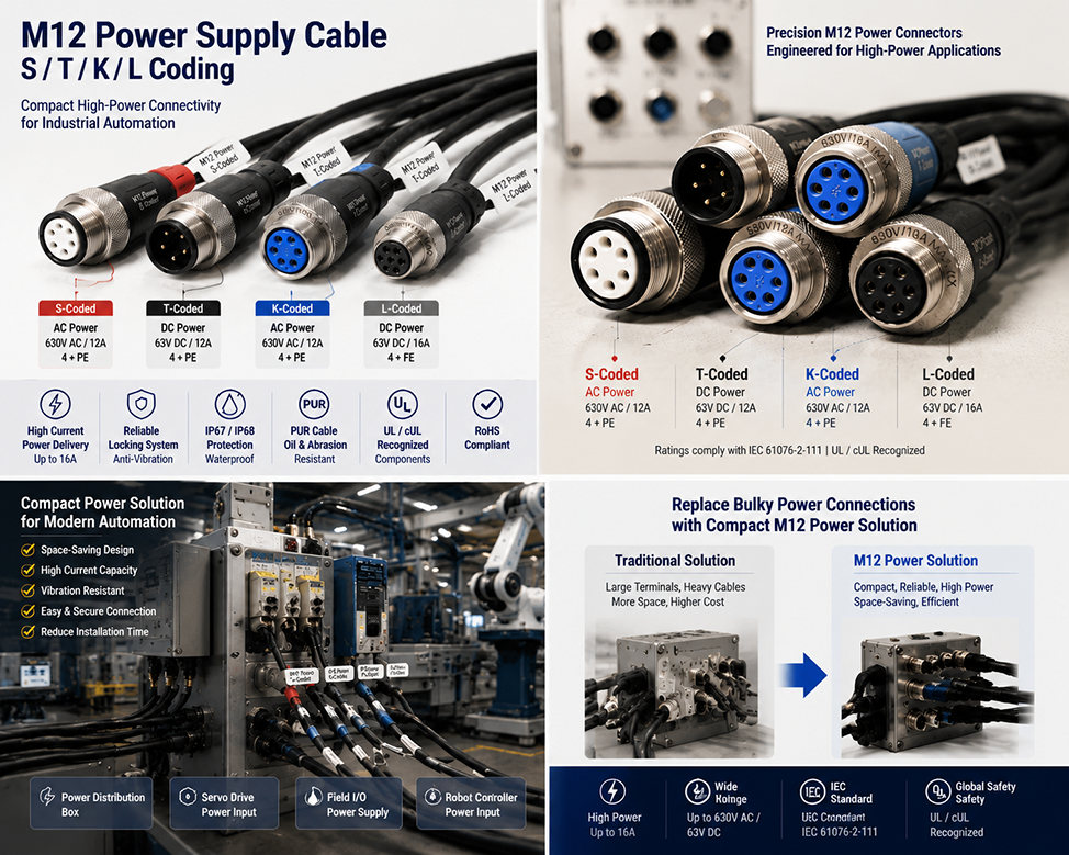 M12 Power Cable & Field Connector Series | S, T, K, L-Coded High-Current Link