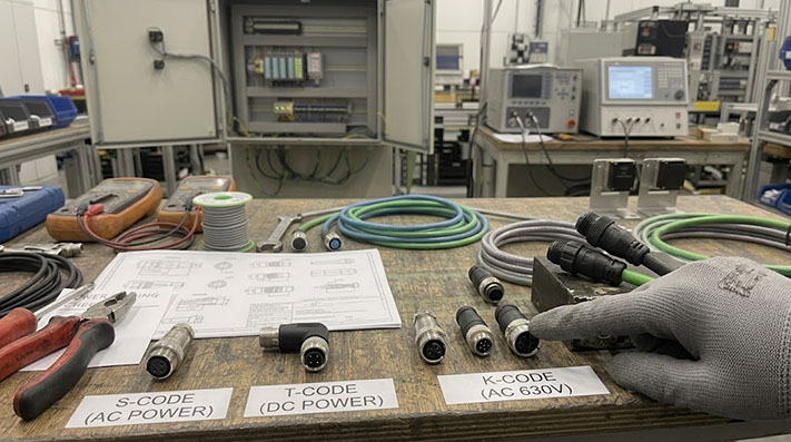 Physical pinout comparison showing mechanical keying differences between S, T, K, and L-coded M12 power connectors