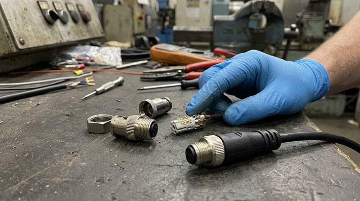 A field-wireable M12 connector disassembled next to a finished, overmolded M12 cable assembly.