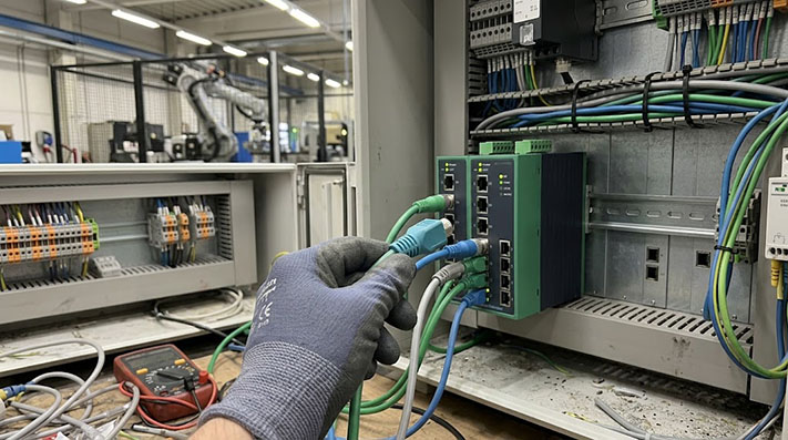 An industrial ethernet switch with an M12 cable being moved from one port to another.